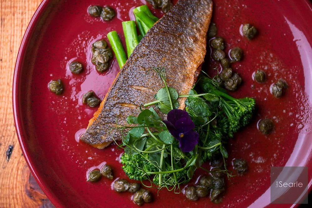 Crisp-skinned sea trout with greens and capers on a red plate, menu photography in Cornwall