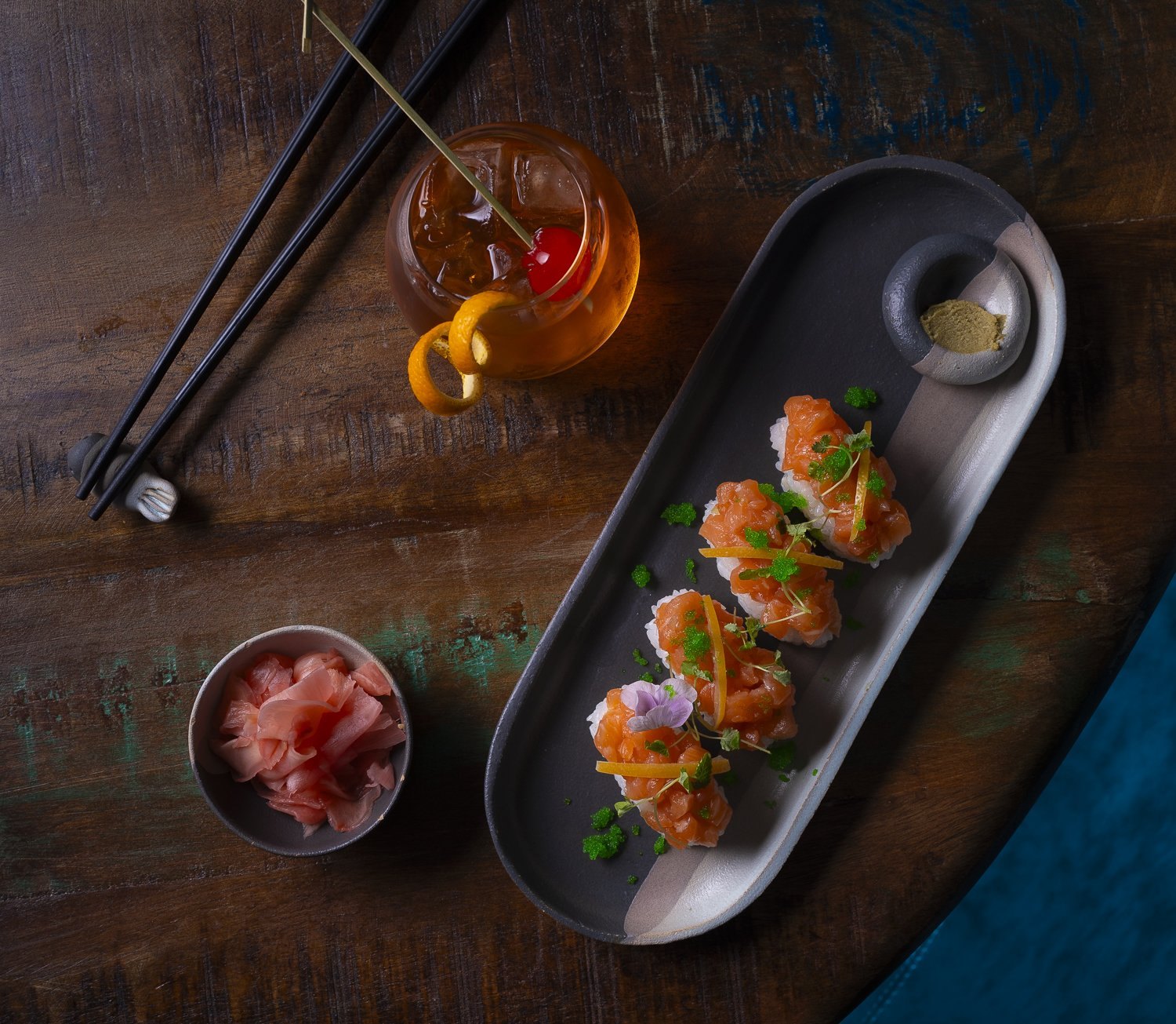 Sashimi plate with chopsticks and pickled ginger, Cornwall food photographer Lee Searle