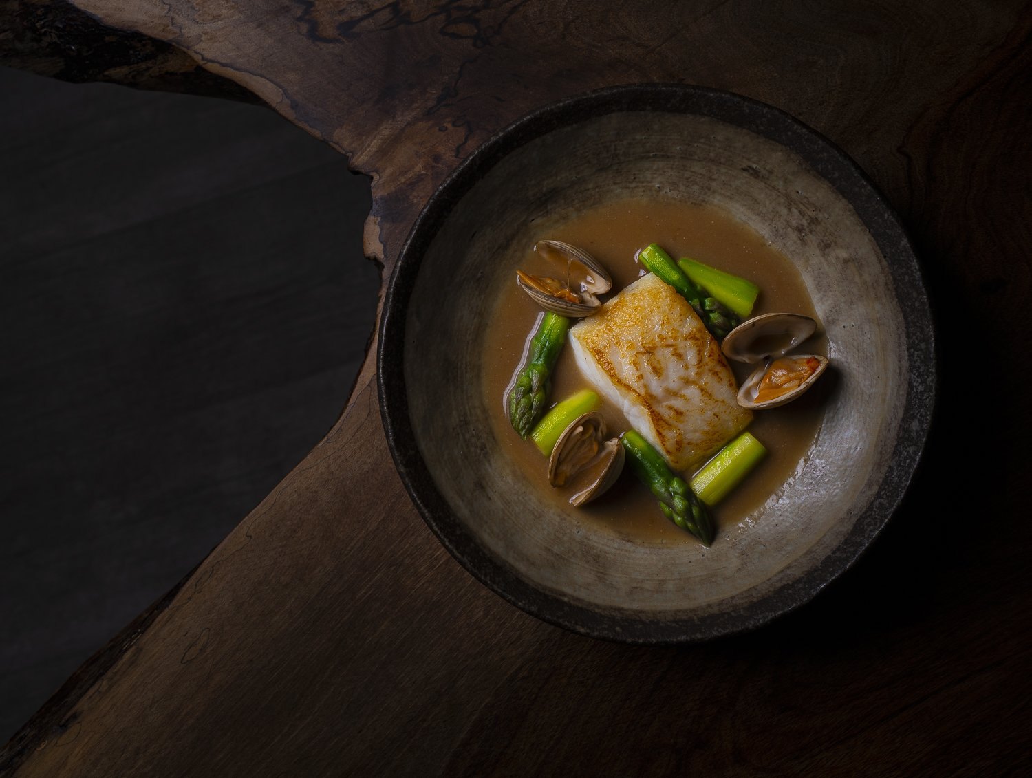 Cod and clams in broth with asparagus, food photography for The Shore in Penzance