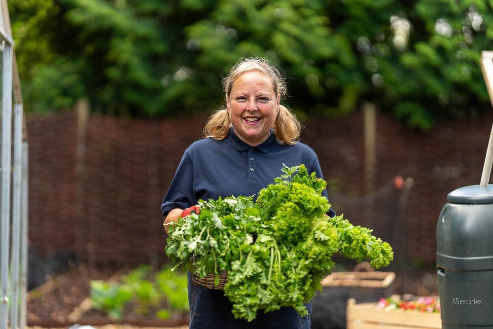 Cornish grower carrying a crate of freshly cut greens, brand storytelling photography