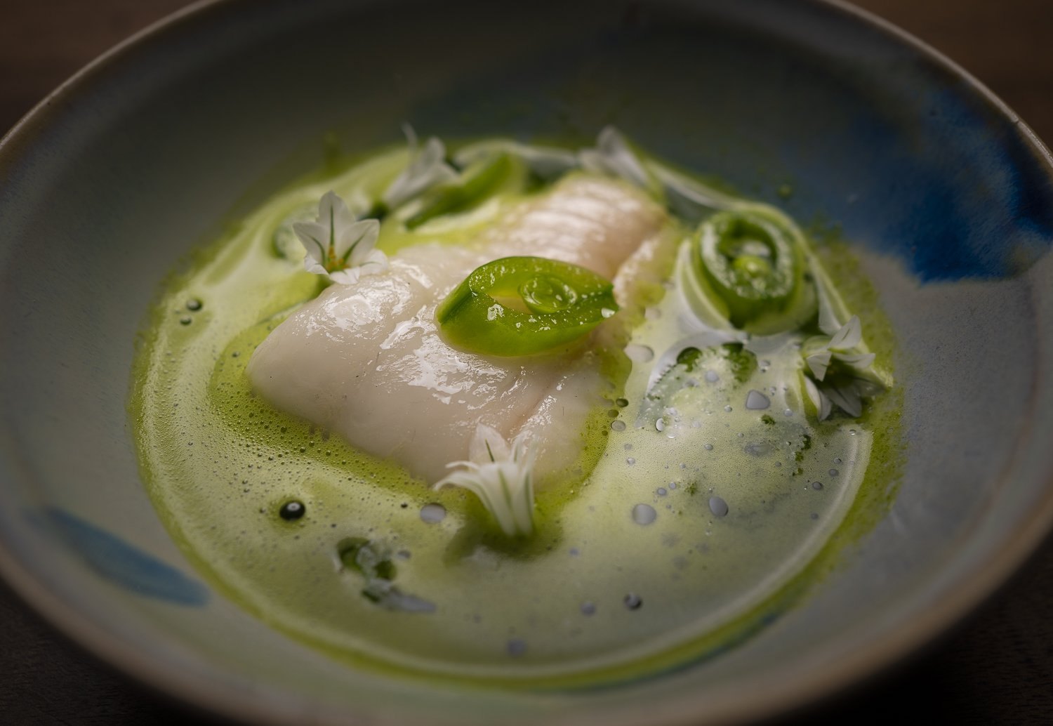White fish in a bright herb sauce on a dark plate, Cornwall food photography